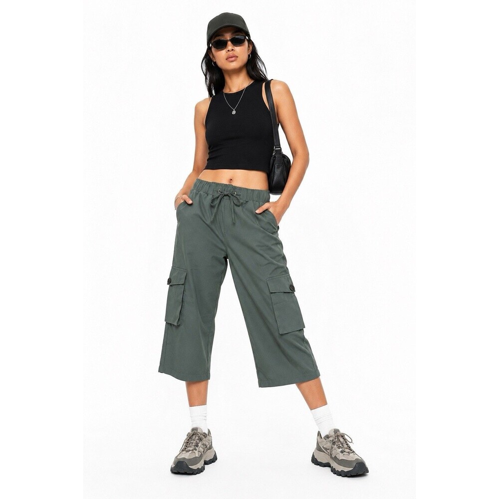 Army Green Cargo Capri Pants Gorpcore Utility Y2K Cropped Elastic Waist Pockets